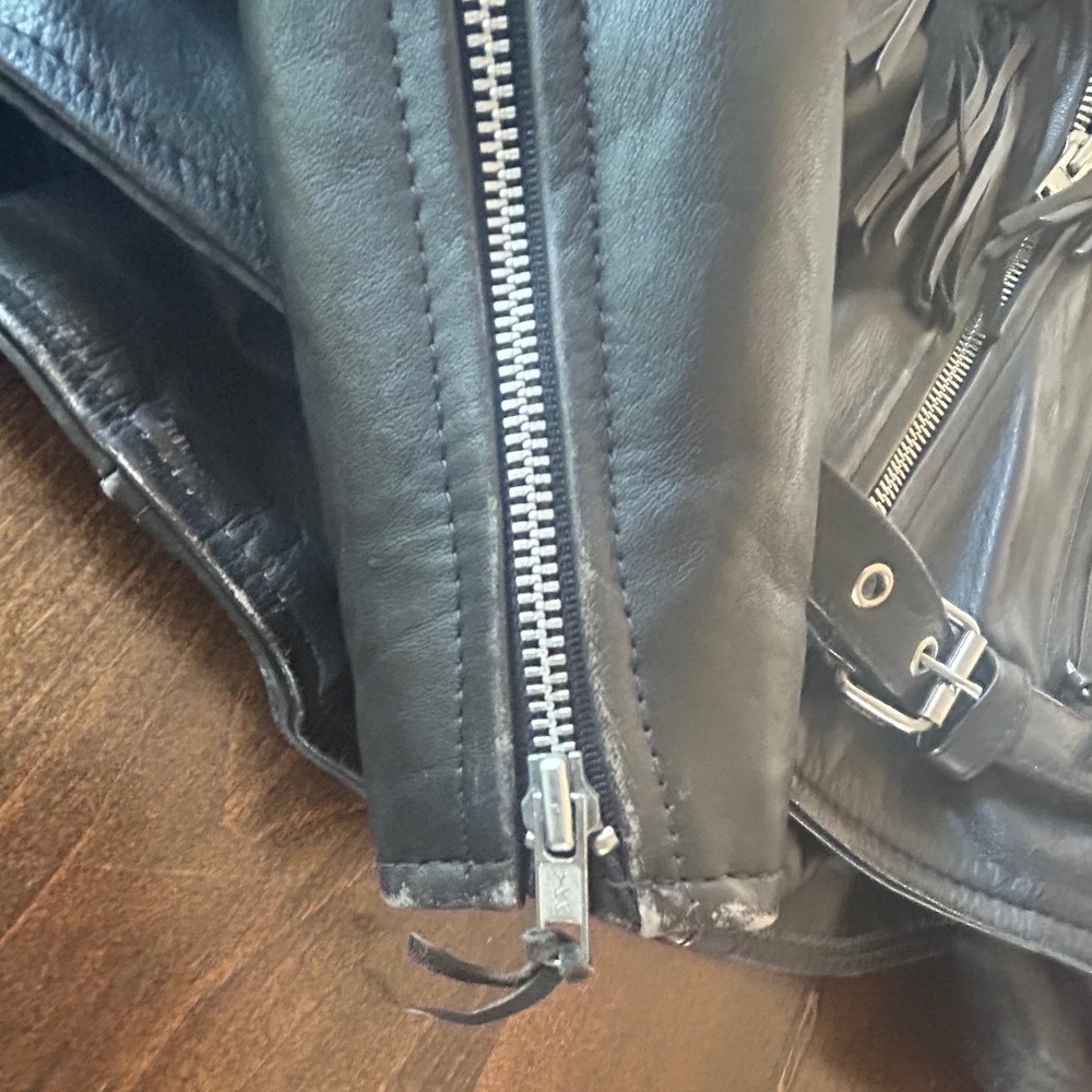Vintage 90s First Genuine Leather Fringe Biker Jacket Black Western Moto Belted - Picture 8 of 8